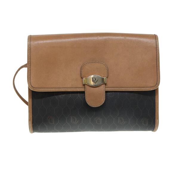 DIOR Honeycomb Canvas Shoulder Bag Pvc Black Brown Gold - Picture 1 of 12